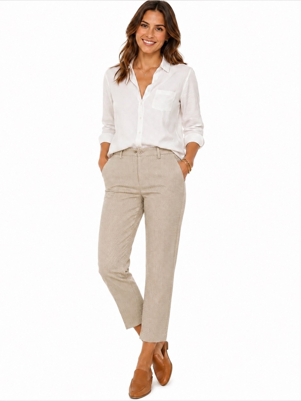 AURA Beige Houndstooth Stretch Cotton Crop Pants Cuffed Hem Size 10